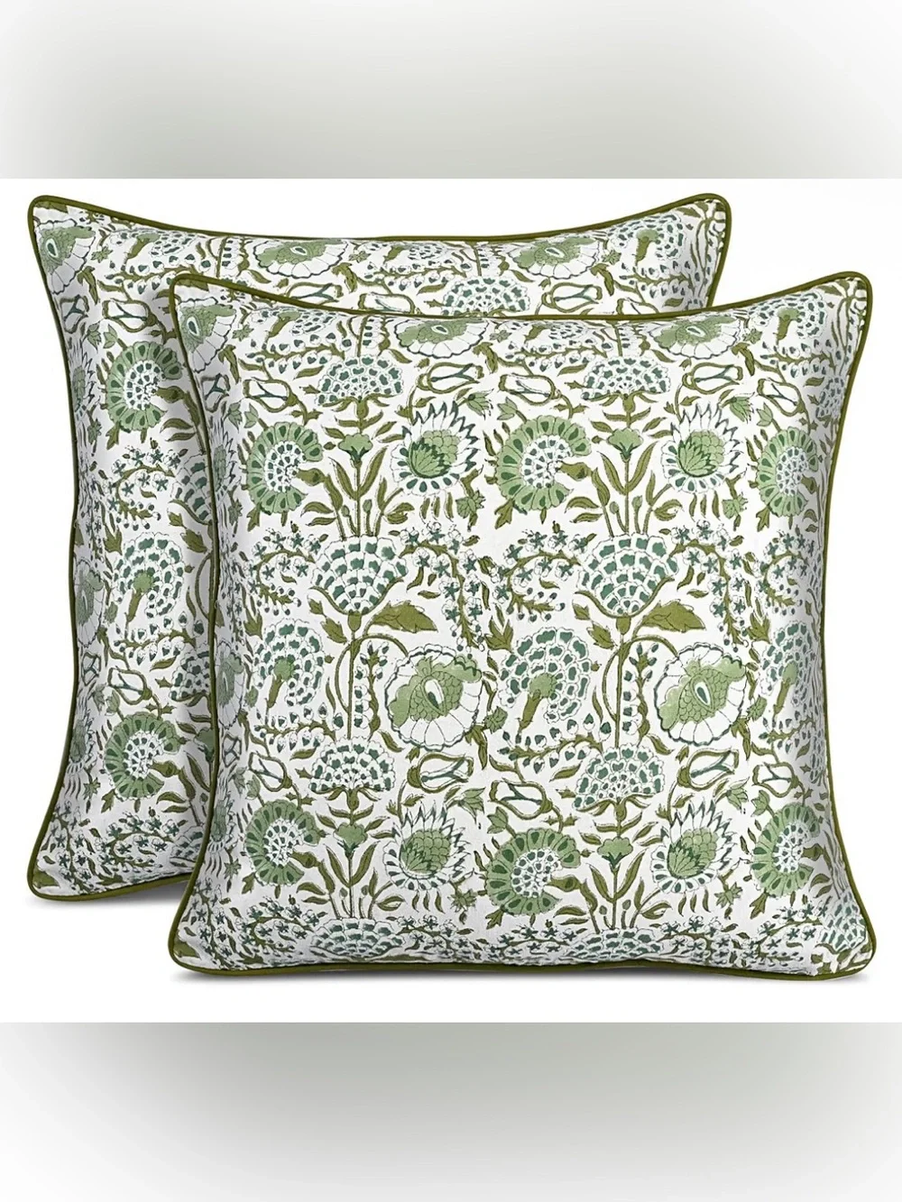 CPC Agate Green Block Print Throw Pillow Covers 24x24 Inch, Set of 2 Floral Boho